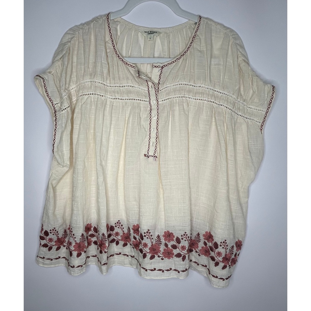 Max Studio London Embroidered Boho Blouse Women Large Cream Excellent